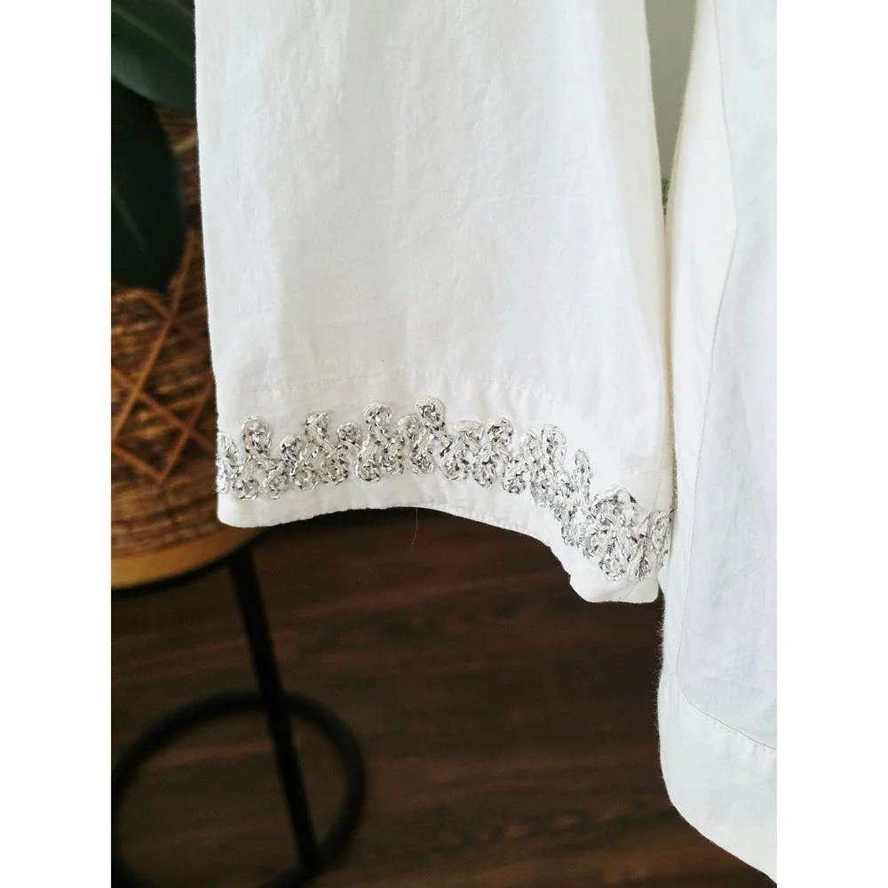 Tory Burch Ivory Cotton Mirror Embroidered Tunic Top Silver Metallic Womens 8